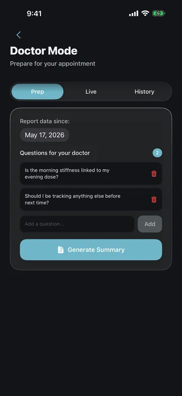 Doctor Mode: a report period starting 17 May 2026, two saved questions about morning stiffness and what else to track, and a button to generate the summary.
