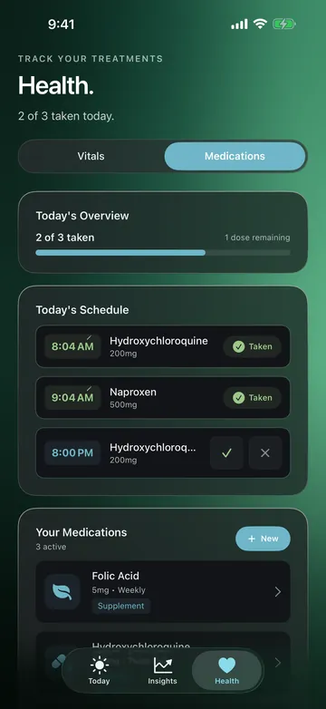 The medications screen: two of three doses taken today, a schedule showing hydroxychloroquine at 8:04am and naproxen at 9:04am marked taken, and an evening dose still due.