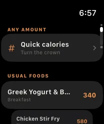 The watch log page: a Quick calories row that turns with the crown, above a list of usual foods showing Greek Yogurt and Berries at 340 and Chicken Stir Fry at 580.