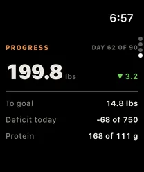 The watch progress page on day 62 of 90: 199.8 lbs, down 3.2 over the fortnight, 14.8 lbs to goal, with today's deficit and protein beneath.